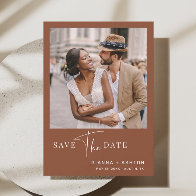 Save The Date Terracotta Simple moderne Script Mariage Photo (Créateur téléchargé)