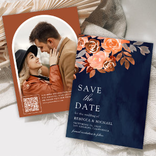 Save The Date Terrain Terracotta Floral Mariage Photo Marine Ble