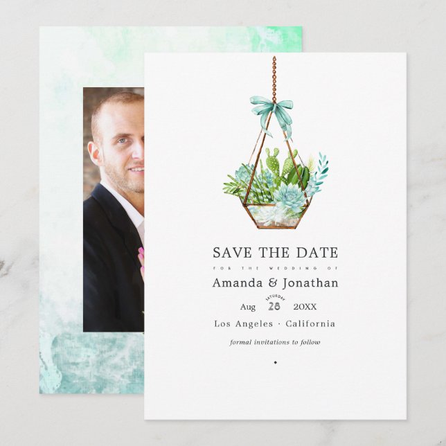 Save The Date Terrarium de verre à aquarelle Succulents Mariage  (Devant / Derrière)