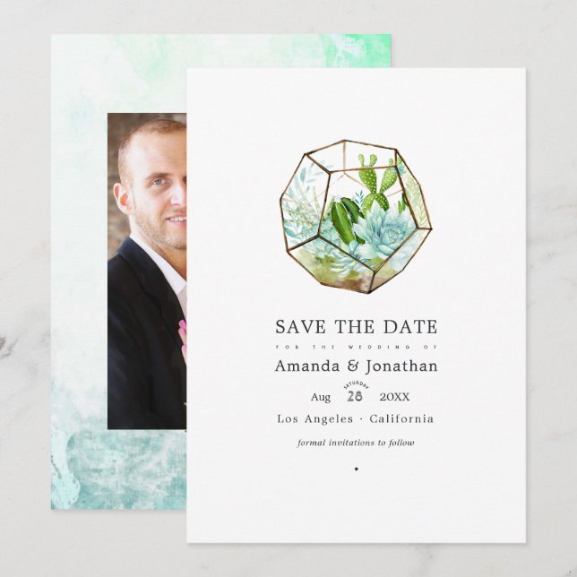 Save The Date Terrarium de verre à l'aquarelle Succulents Mariag (Devant / Derrière)