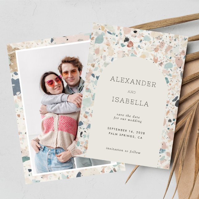 Save The Date Terrazzo Pastel Couleurs Retro Arch Mariage Photo (Créateur téléchargé)
