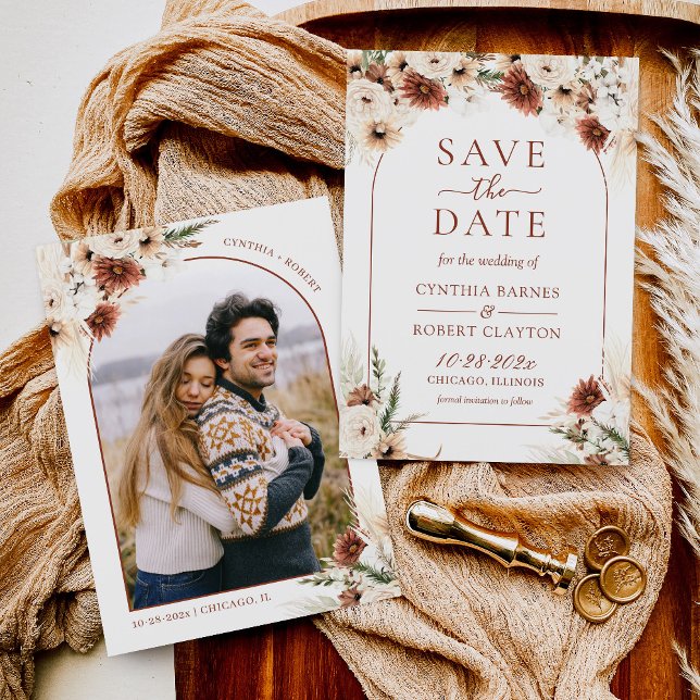 Save The Date Terre Boho Pampas Grass Floral Arche Photo (Ideal for boho-inspired weddings, garden ceremonies, or a nature-inspired theme.)