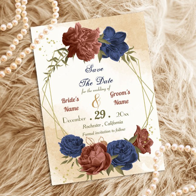 Save The Date terre cuite bleu marine floral vert (Créateur téléchargé)