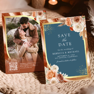 Save The Date Terre cuite Fleurs Bleu Poussiéreux Code QR Photo