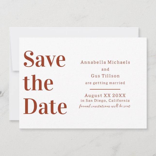 Save The Date Terre cuite moderne et grand caractère blanc (Devant)