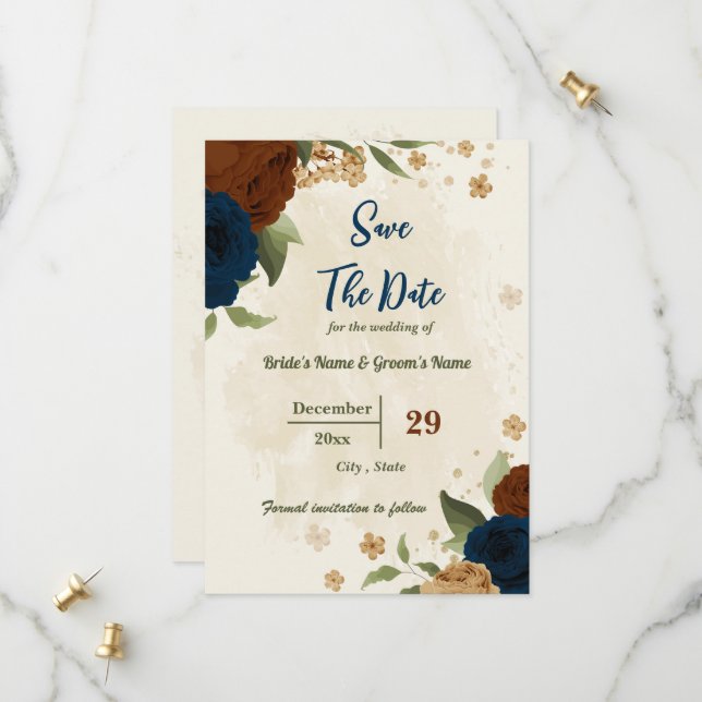 Save The Date terre cuite tonalité marine floral vert mariage (Devant/Arrière en situation)