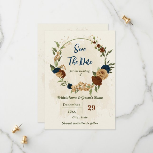 Save The Date terre cuite tonalité marine floral vert mariage (Devant/Arrière en situation)