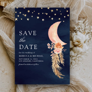 Save The Date Terreux Fleurie Croissant de Lune Bleu Nuit Mariag