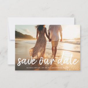 Save The Date Texte de brosse moderne Multi Full Bleu Photo Mono
