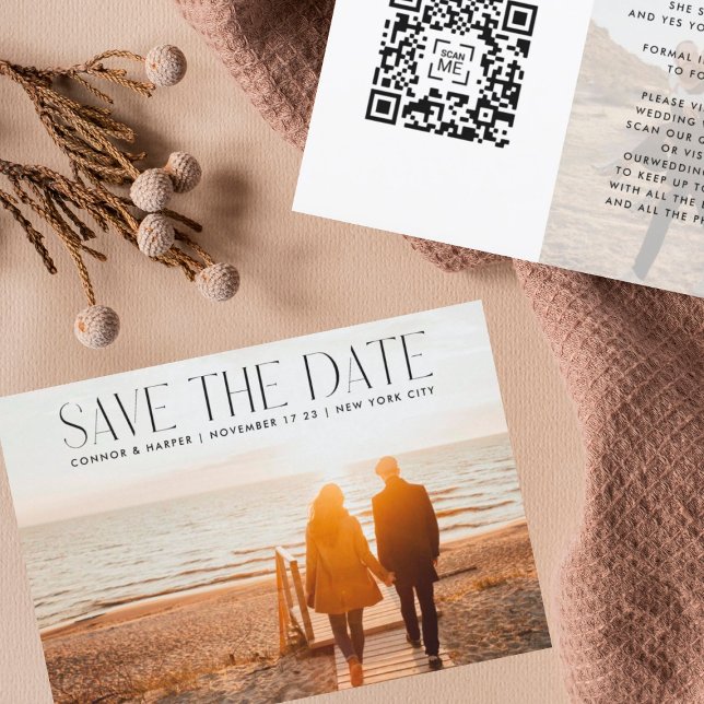 Save The Date Texte ÉLÉGANT TENDANCE Moderne QR CODE Deux photos (Créateur téléchargé)