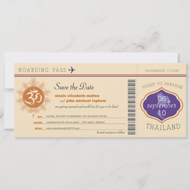 Save The Date Thaïlande Boarding Pass Enregistrer la date (Devant)