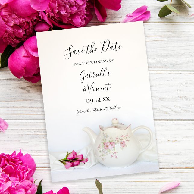 Save The Date Thé Teapot avec Roses Roses Rose Partie Enregistre (Créateur téléchargé)