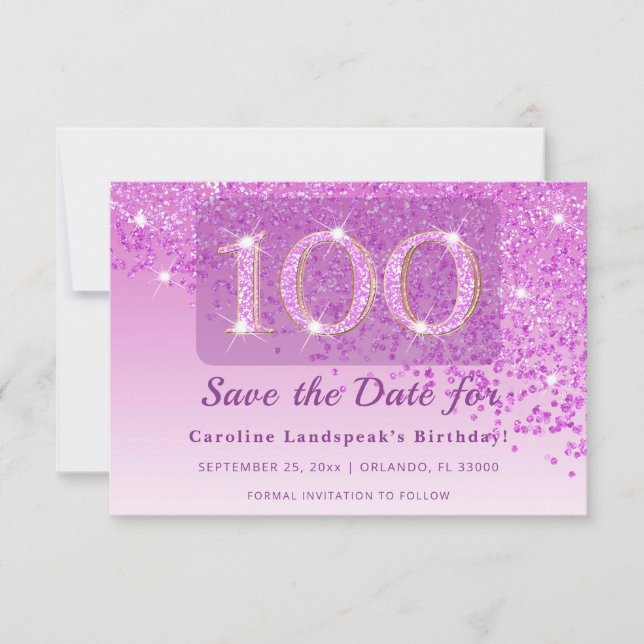 Save The Date Timeless 100th Birthday Pink Glitter Frosted  (Devant)