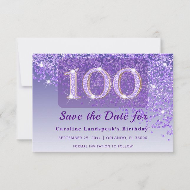 Save The Date Timeless 100th Birthday Purple Glitter Frosted  (Devant)