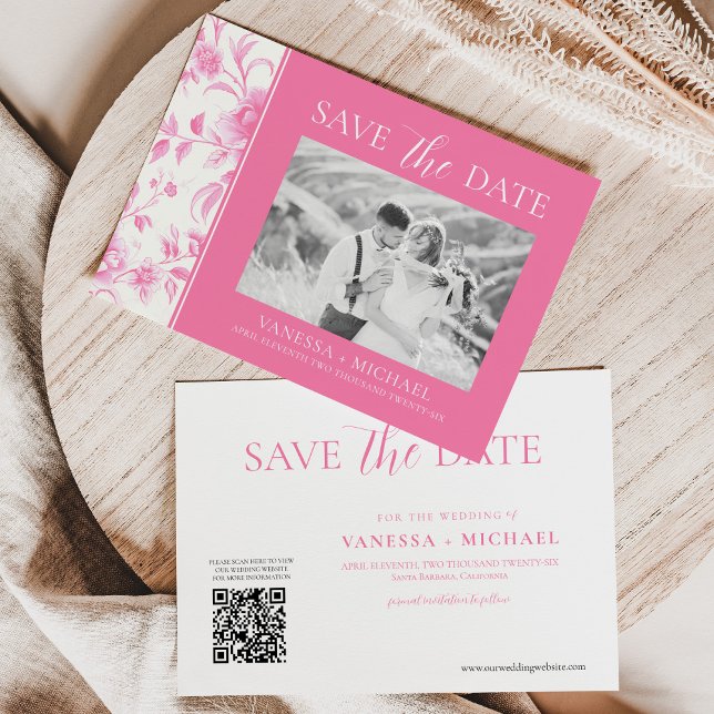 Save The Date Toile Blanche Rose Floral De Jouy Photo (Créateur téléchargé)