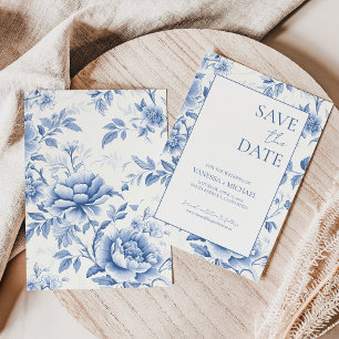Save The Date Toile Bleu Floral De Jouy