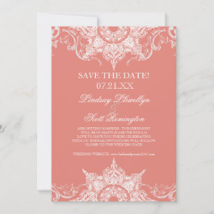 Save The Date Toile Damask Swirl Enregistrer les dates Coral PIn