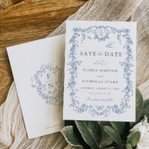 Save The Date Toile de Jouy Mariage Sauvegarder la date Dusty Bl