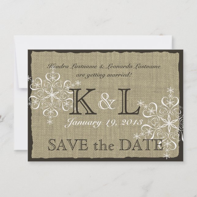 Save The Date Toile de jute et flocons de neige Sauvegarder la d (Devant)