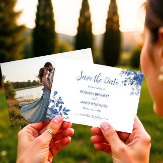 Save The Date Toile Florale Bleue Poussiéreuse Élégante