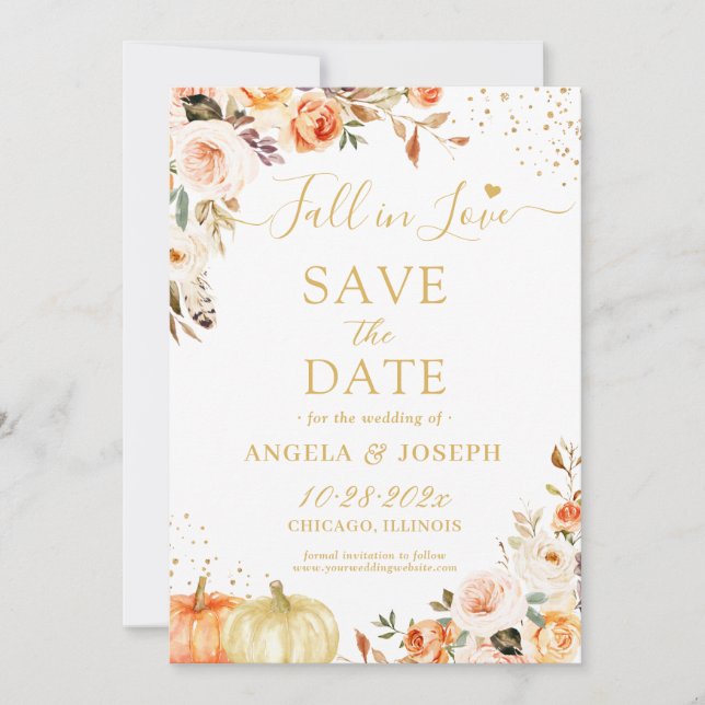 Save The Date Tombe en amour Automne Gold Floral Citrouille Mari (Devant)