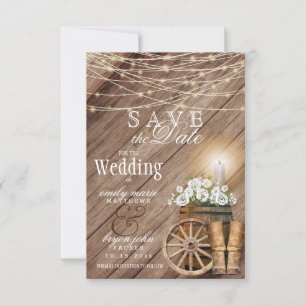 Save The Date Tonneau en bois rustique et guirlandes de lumières