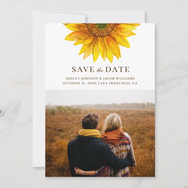 Save The Date Tournesol aquarelle. Botanique florale rustique (Devant)