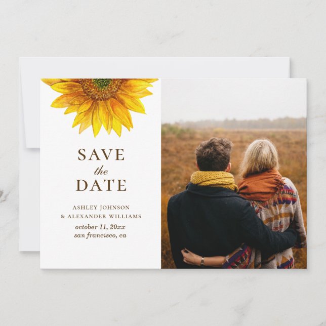 Save The Date Tournesol aquarelle. Botanique florale rustique (Devant)