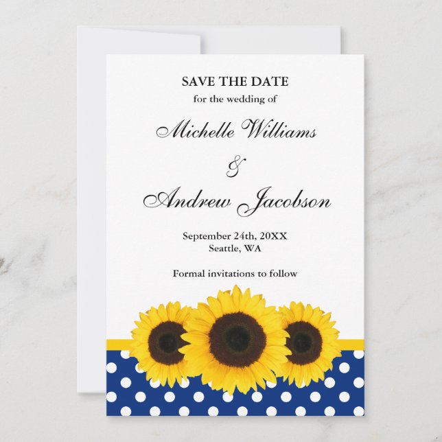 Save The Date Tournesol blanc et bleu Polka point Enregistrer la (Devant)