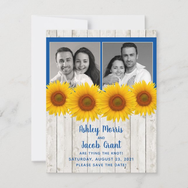Save The Date Tournesol bleu jaune Rustique Photo Enregistrer la (Devant)