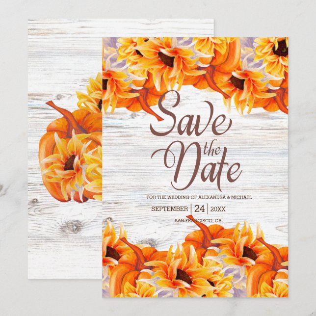 Save The Date Tournesol Citrouille rustique blanc (Devant / Derrière)