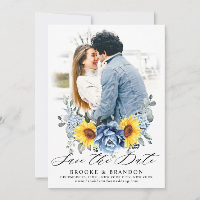 Save The Date Tournesol Dusty Blue Slate Peony Photo florale (Devant)