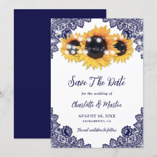 Save The Date Tournesol en dentelle rustique bleu marine