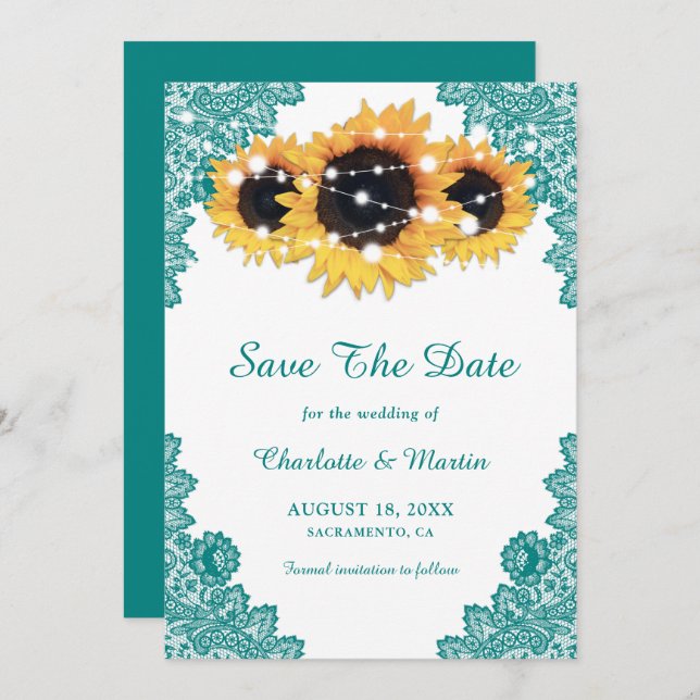 Save The Date Tournesol en dentelle turquoise rustique chic (Devant / Derrière)