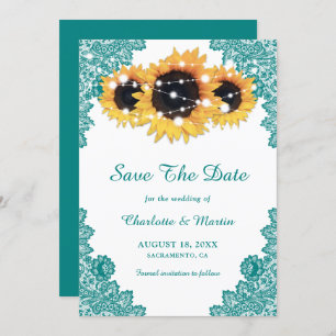 Save The Date Tournesol en dentelle turquoise rustique chic