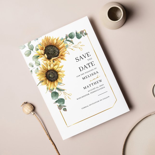 Save The Date Tournesol Eucalyptus Botanique Moderne Floral (Créateur téléchargé)