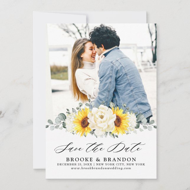 Save The Date Tournesol ivoire pivoine Floral Eucalyptus Mariage (Devant)