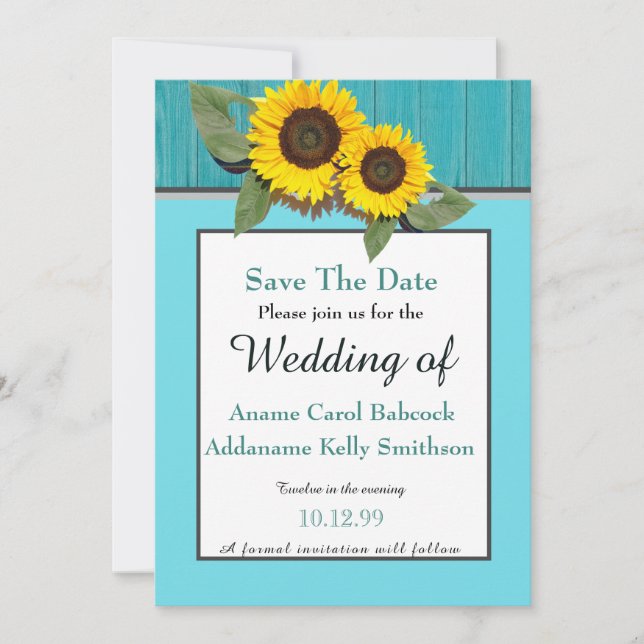 Save The Date Tournesol Mariage rustique Turquoise gris chic boi (Devant)