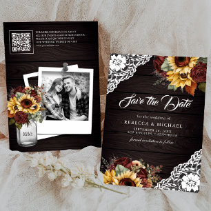 Save The Date Tournesol Rose Bourgogne Code QR Bois Photo de Mar