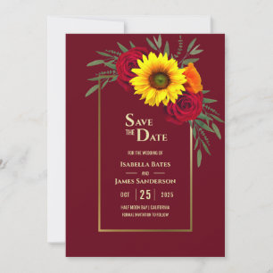 Save The Date Tournesol Rouge Rose Burgundy Gold Mariage Sauvez