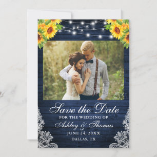 Save The Date Tournesol Rustique Floral Bleu Lumières en bois Ph
