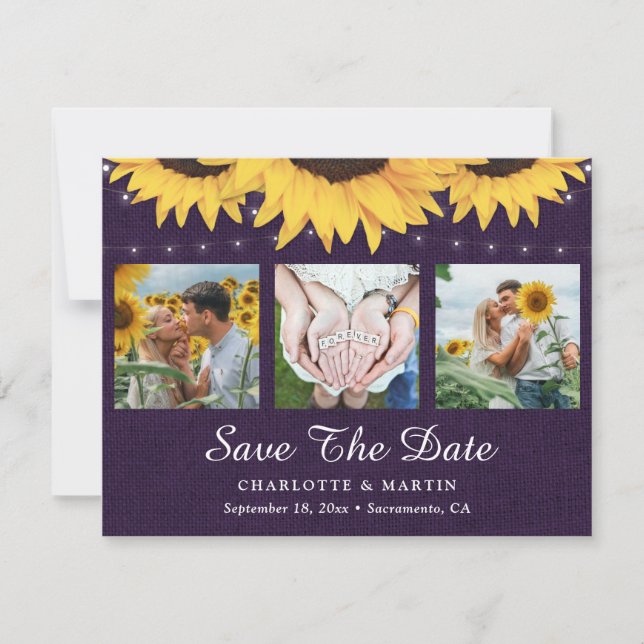 Save The Date Tournesol Rustique Purple Burlap Mariage Photo (Devant)