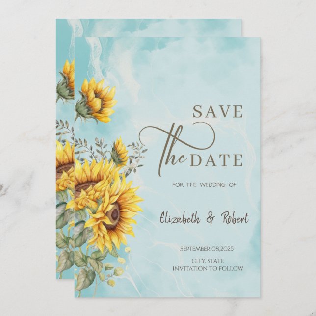 Save The Date Tournesols Rustiques Bleu Enregistrer La Date (Devant / Derrière)