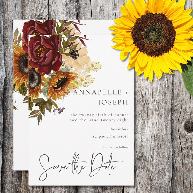 Save The Date Tournesols Rustiques d'été & Bourgogne Floral (Créateur téléchargé)