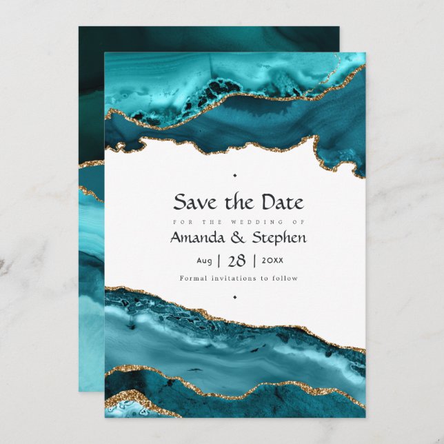 Save The Date Tourquoise et Or Agate Mariage Enregistrer la date (Devant / Derrière)