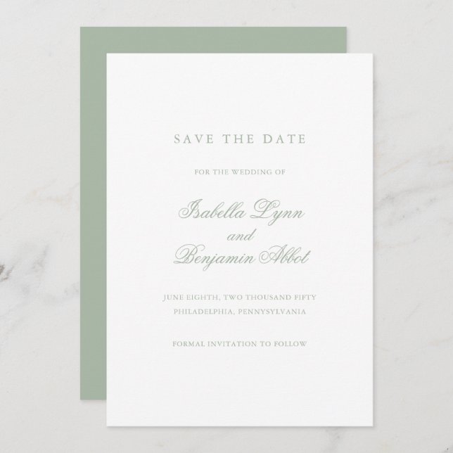 Save The Date Traditionnel Sage Vert Formel Mariage élégant (Devant / Derrière)
