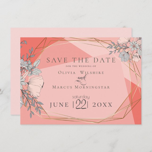 Save the Date | Trendy Coral Floral Gold Frame Invitation (Front/Back)