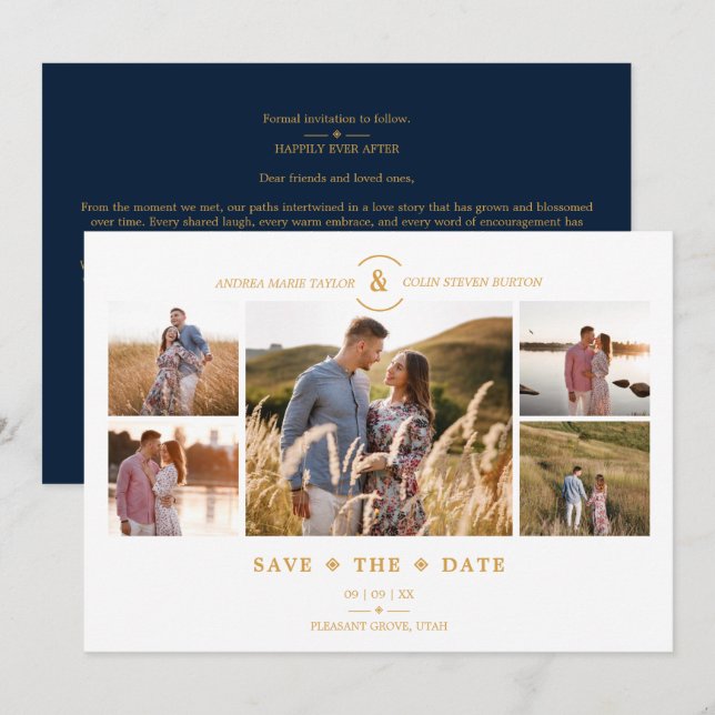 Save The Date Trendy Minimal Navy/White 5 Multi Photos Collage (Devant / Derrière)