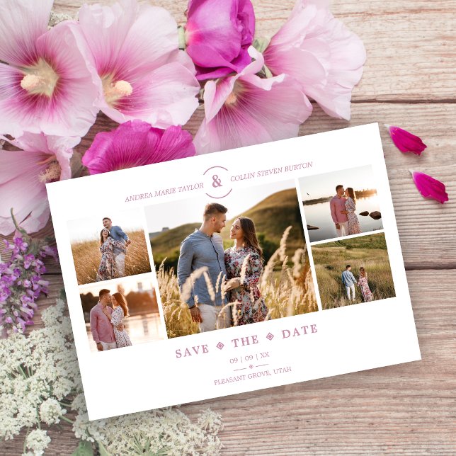 Save The Date Trendy Minimal Pink/White 5 Multi Photos Collage (Trendy Minimalist Pink/White 5 Multi Photos Collage Wedding Downloadable Save the Date)