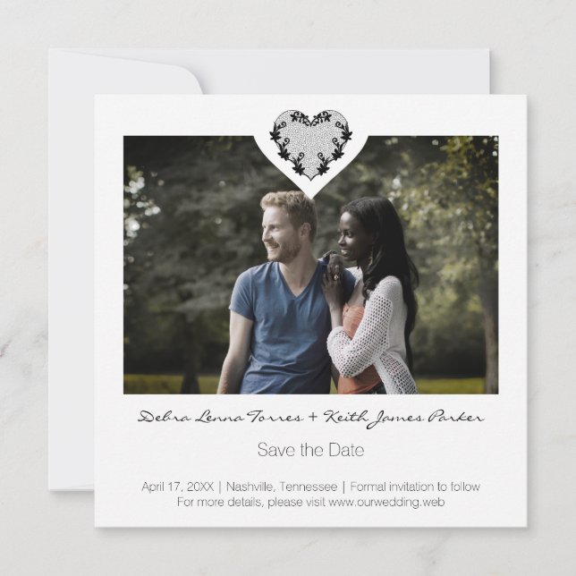 Save The Date Trendy Ornamental Heart Black Lace Wedding (Devant)